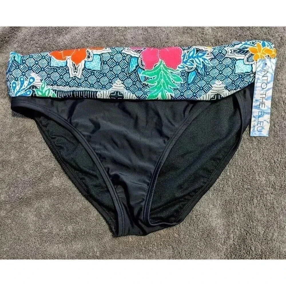 Amerex Into The Bleu Swim Hipster Bikini Bottom Black Floral Band‎ Sz. 8 NWT $35